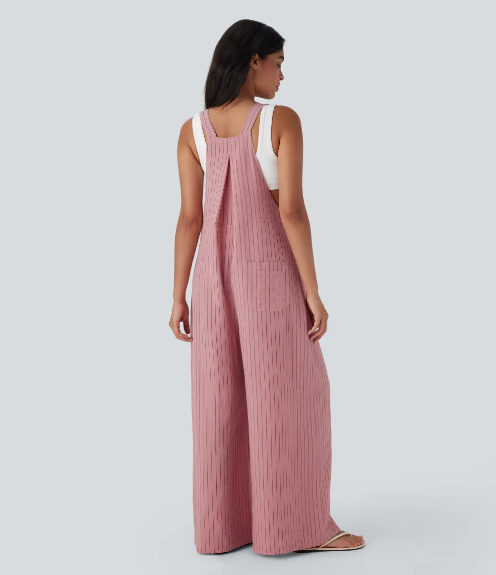 Stripe Wide Leg Flowy Casual Linen-Feel Overalls with Pockets