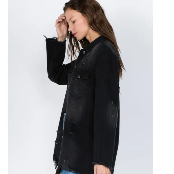 Distressed Frayed Hem Denim Jacket