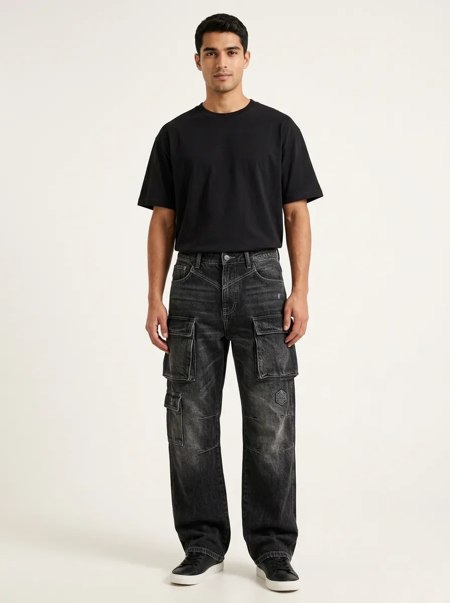 Men's Washed Black Utility Cargo Pants