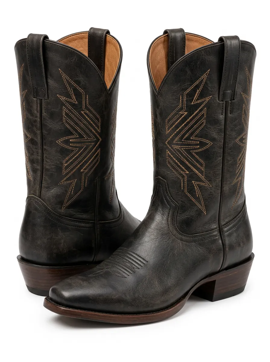 Men's Leather Western Boots with Star Embroidered Stitching