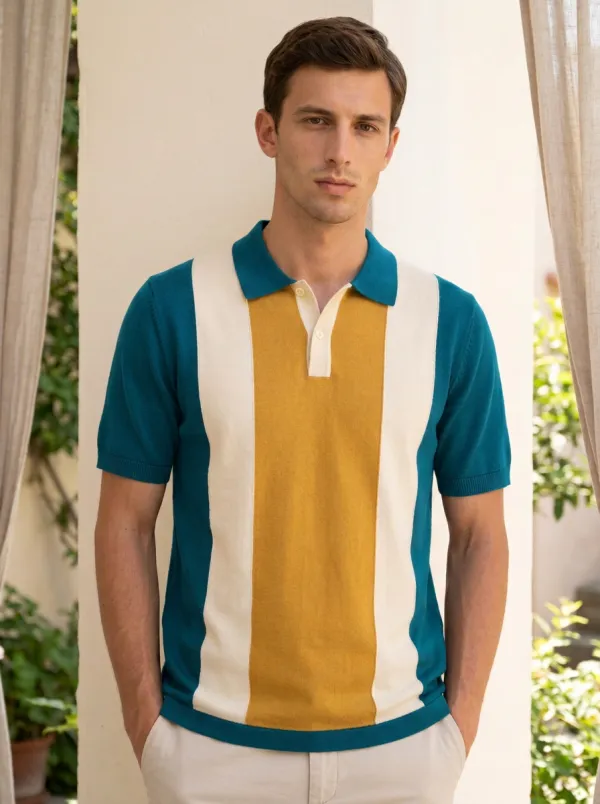 Men's Vintage Style Colorblock Striped Knit Polo Shirt