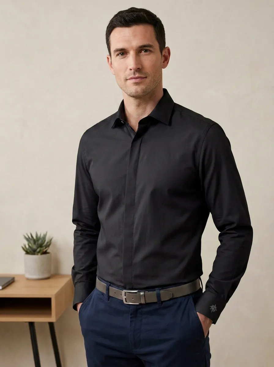 Men's Non-Iron Cotton Solid Color Embroidered Cuff Shirt