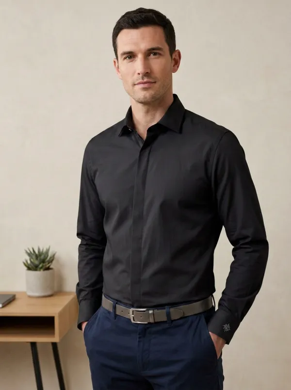 Men's Non-Iron Cotton Solid Color Embroidered Cuff Shirt