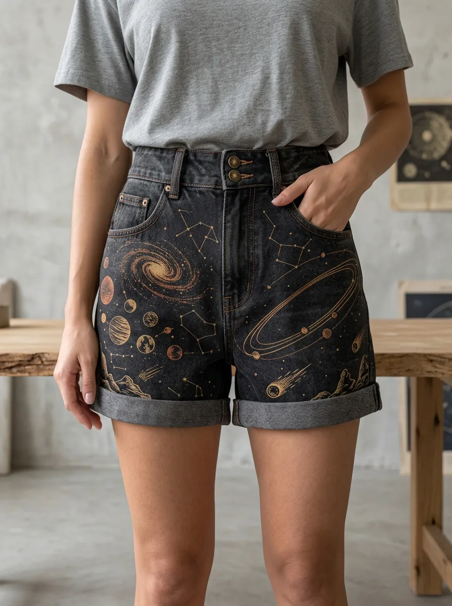 Women's Astronomy Lover Galaxy Constellation Printed Denim Shorts