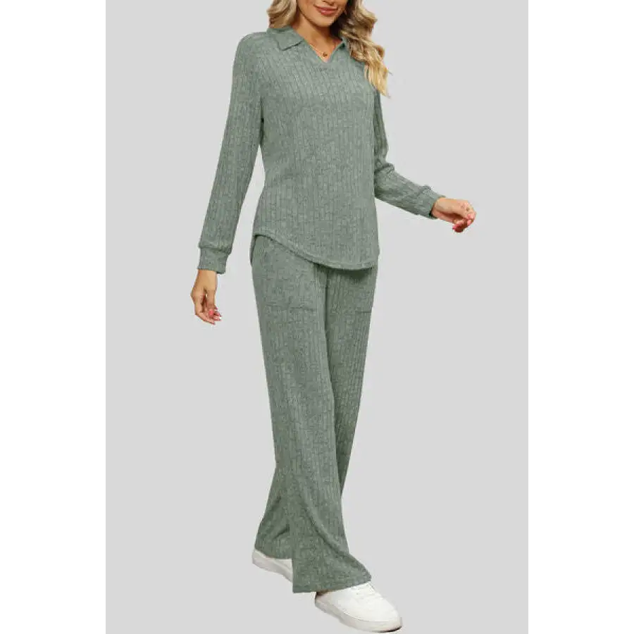 Ribbed Long Sleeve Top and Pocketed Pants Set