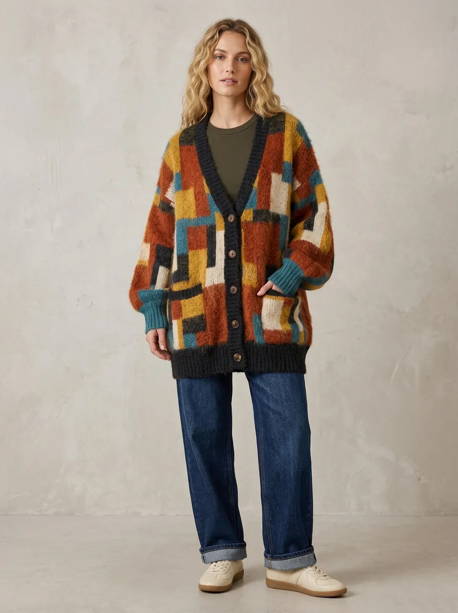 Women's Geometric Colorblock Pattern Knitted Cardigan