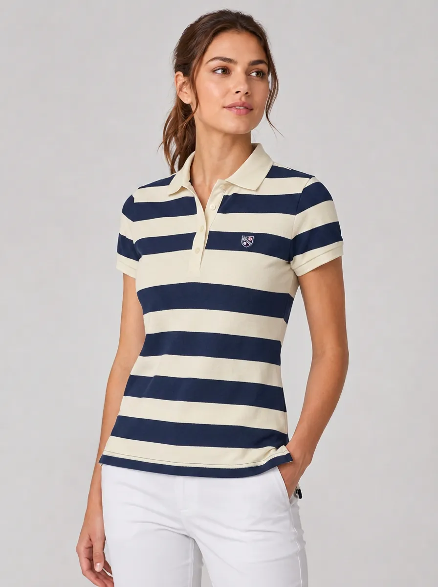Women's Equestrian Lover Navy Striped Crest Printed Polo Shirt