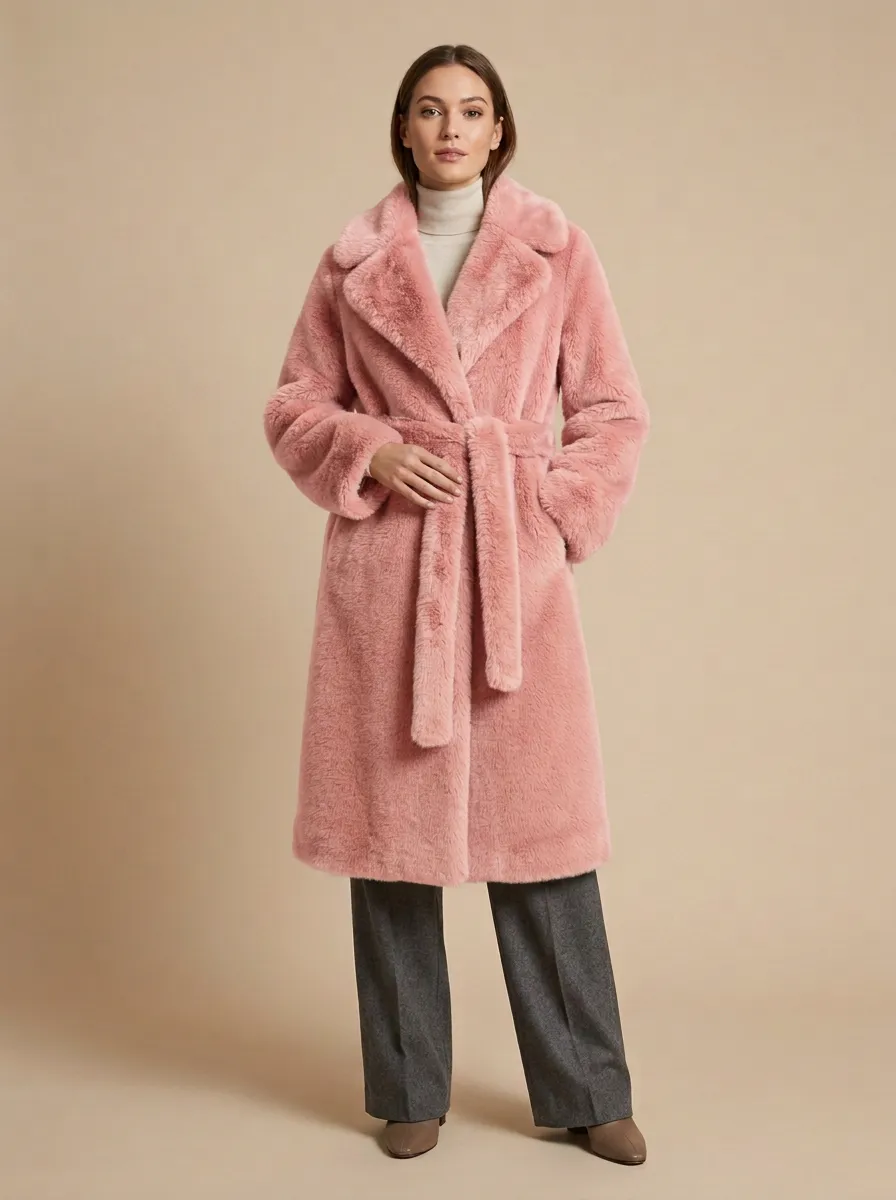 Toned Belted Faux Fur Coat