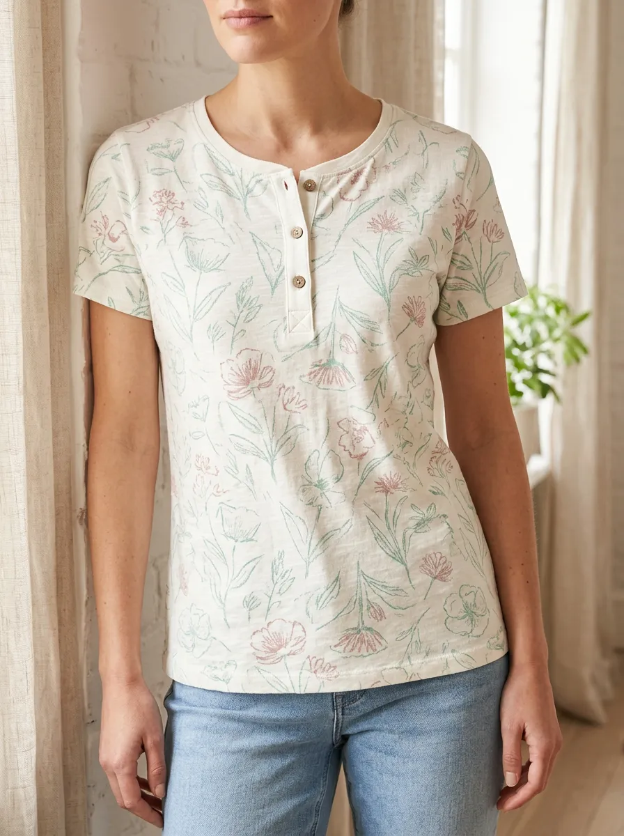 Women's Classic Floral Botanical Sketch Henley T-Shirt