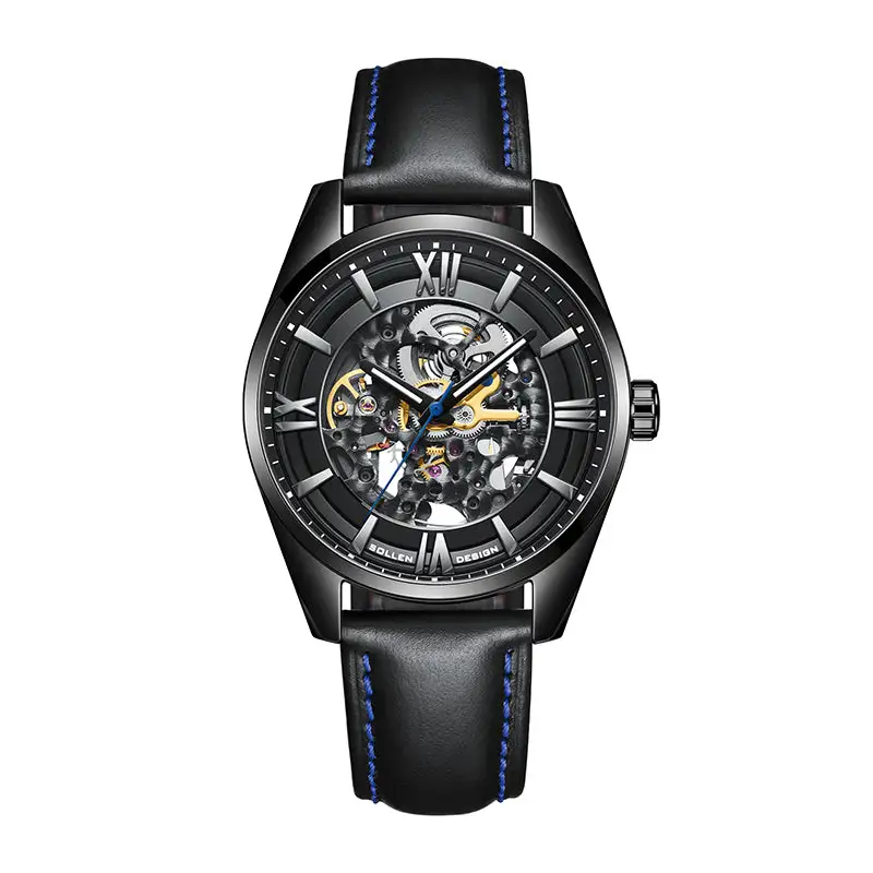 Sollen SL615 Automatic Watch - Men's Double-Sided Engraved Skeleton Dial Luminous Leather Strap Wristwatch