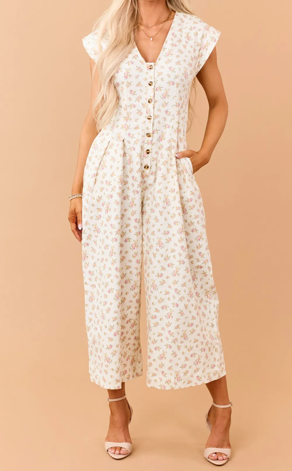 Cream Floral Print Twill Denim Button