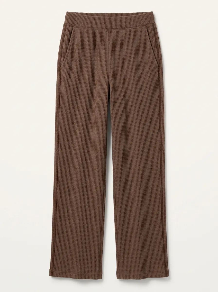 Women's Casual Brown Waffle Knit Elastic Waist Pants