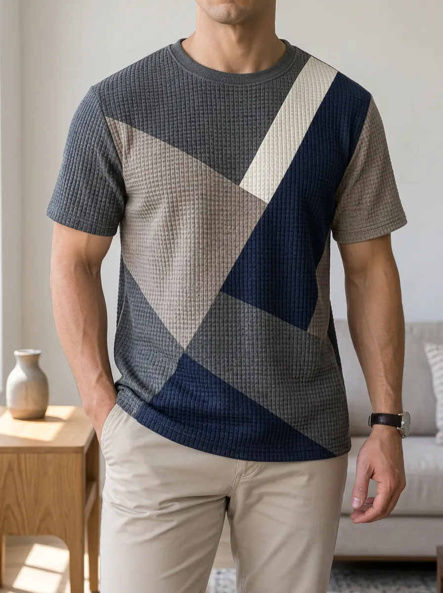 Men's Geometric Colorblock Waffle Knit Modern Crew Neck T-Shirt