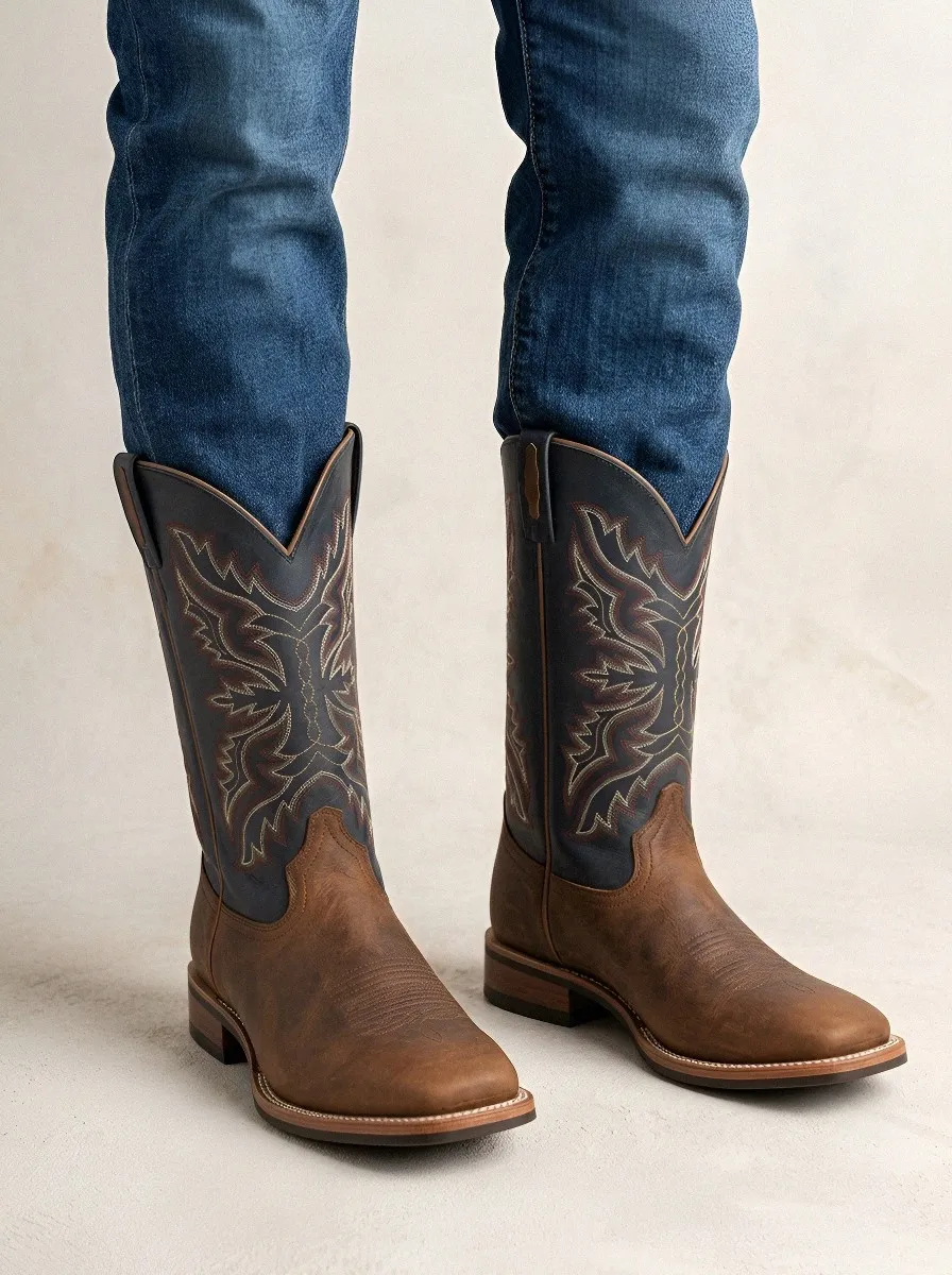Men's Western Cowboy Embroidered Navy Brown Printed Boots