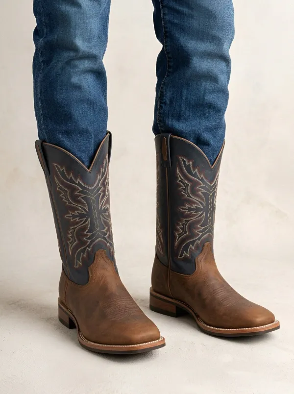 Men's Western Cowboy Embroidered Navy Brown Printed Boots