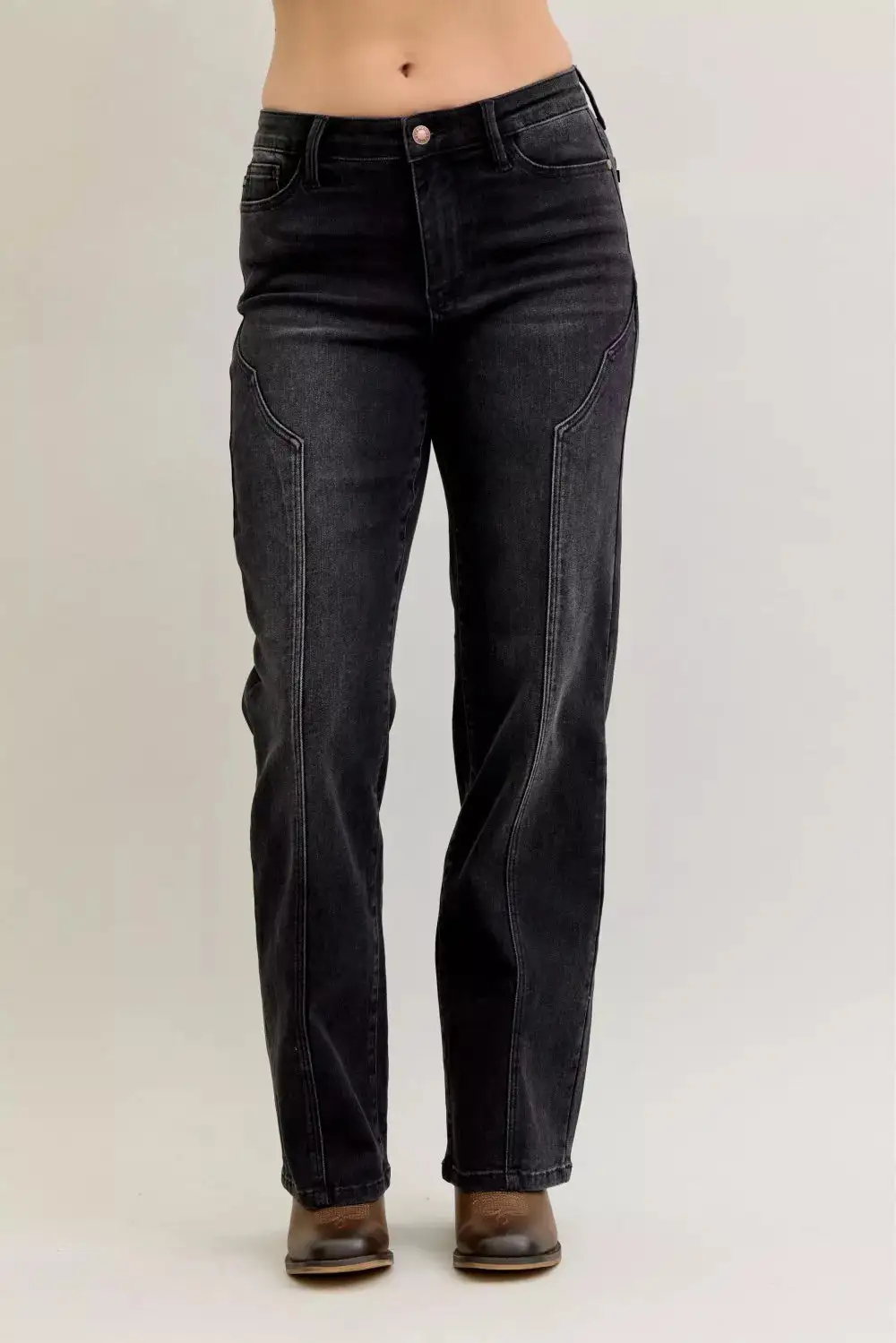 Mid Rise Straight Leg Seam Denim Jeans