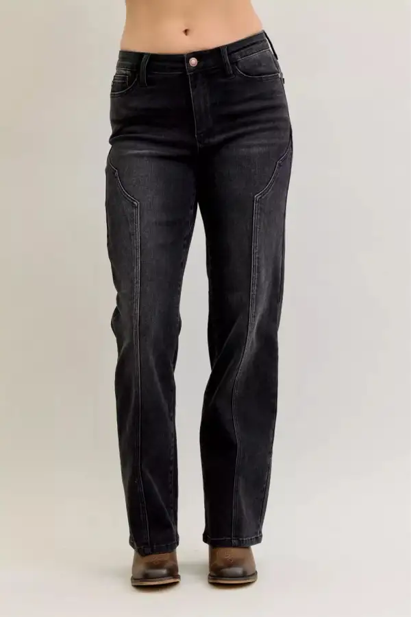 Mid Rise Straight Leg Seam Denim Jeans