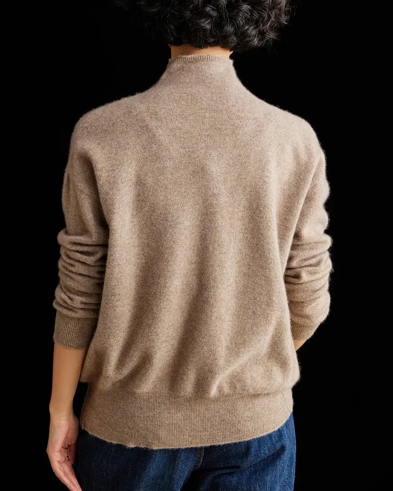 Cashmere Wool Button-Front Turtleneck Cardigan