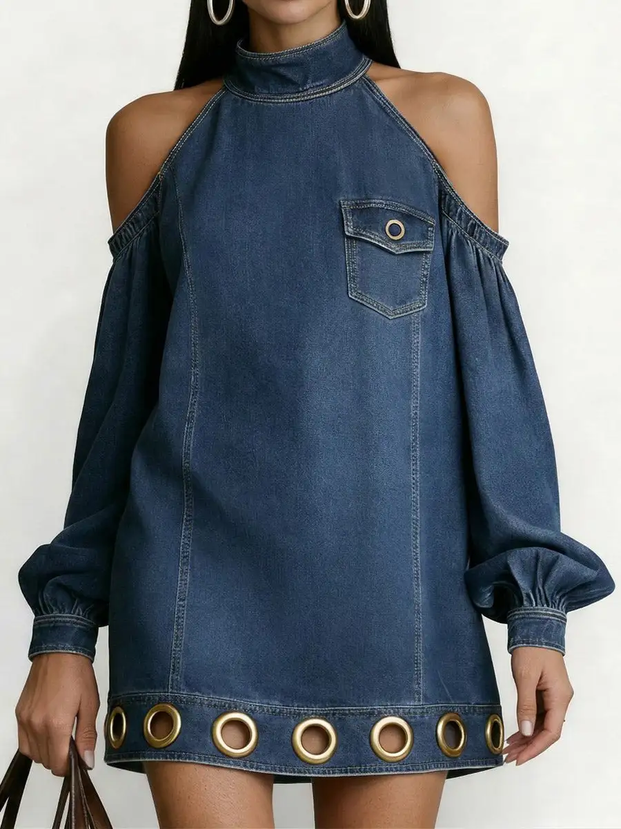 Long Sleeve Relaxed Hollow Pocket Solid Color Split Joint Cold Shoulder