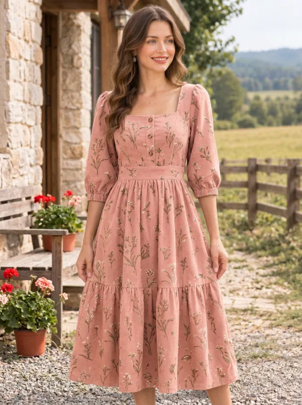 Women's Rust Cottagecore Floral Corduroy High-Waist 3/4 Sleeve Midi Dress