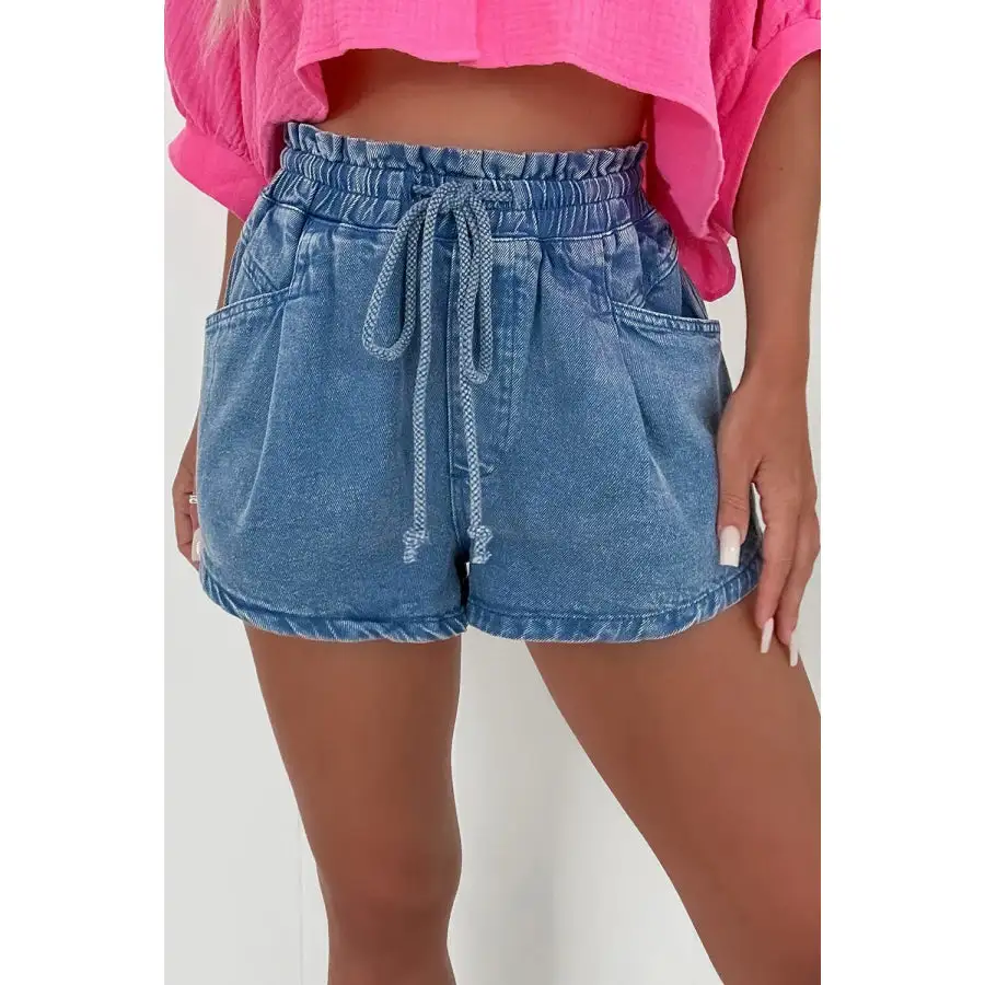 Refined Drawstring High Waist Denim Shorts with Pockets