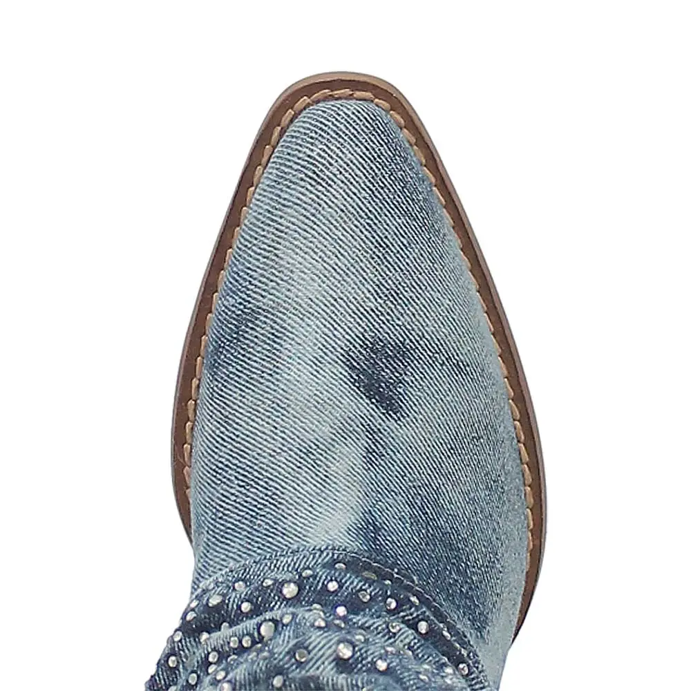 Denim Rhinestone Chunky-Heel Platform Western Boots
