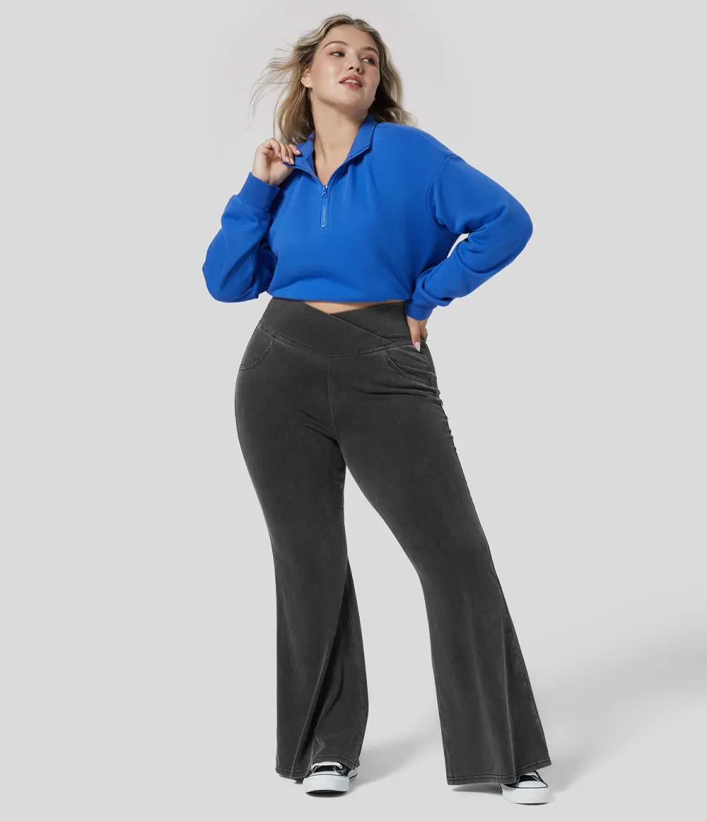 Magic High Waisted Crossover Pocket Cool Touch Breathable Washed Stretchy Knit Plus Size Casual Super Flare Jeans