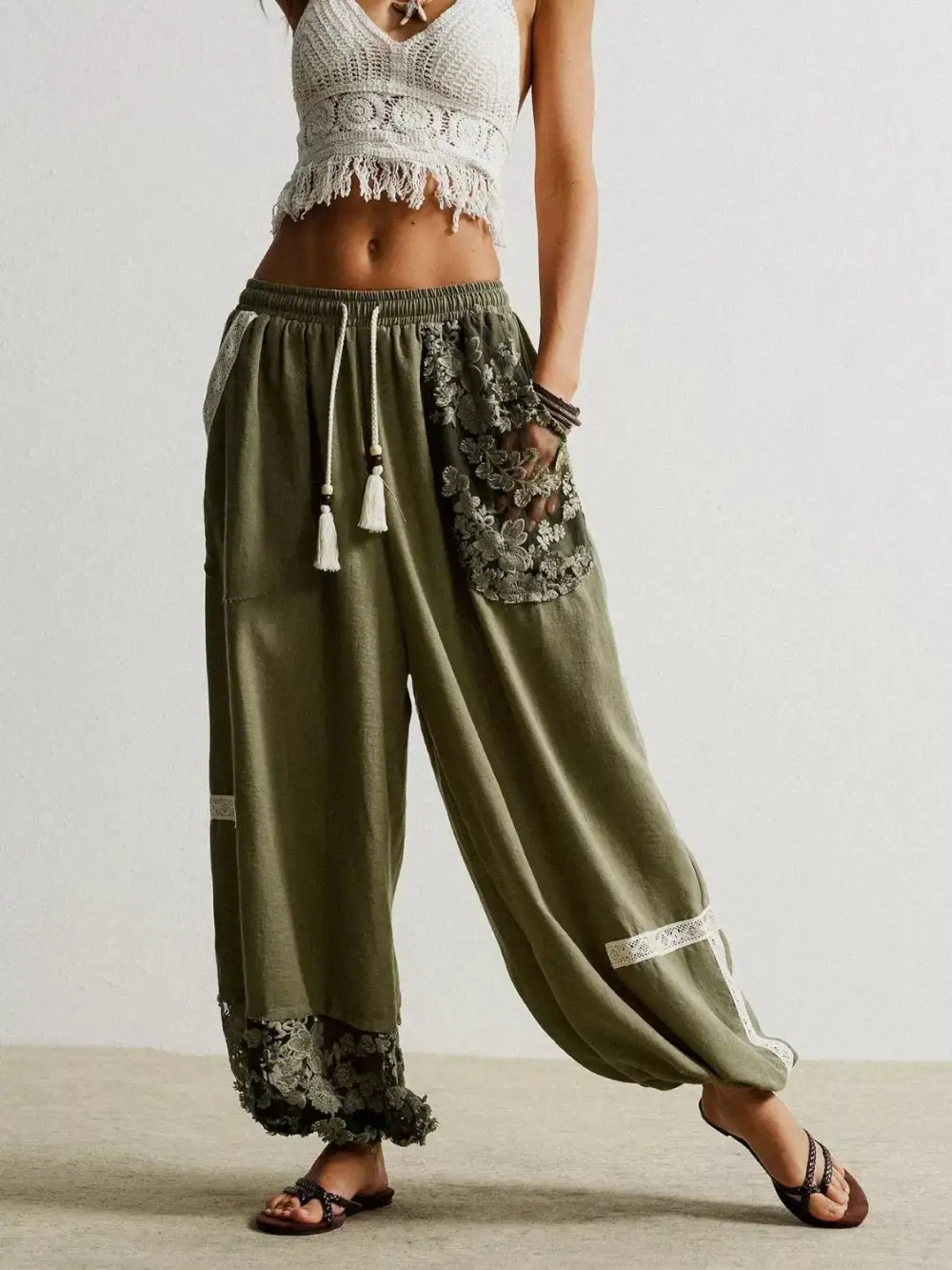 Harem Drawstring Lace Trim Pocketed Pants