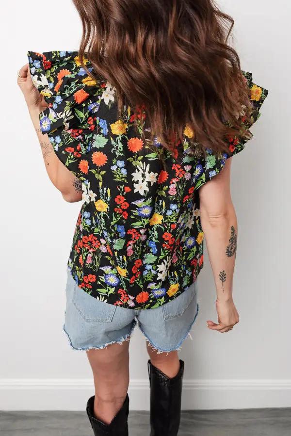 Women's Flower Motif V Neck Flutter Sleeve Top