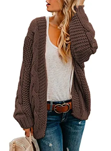 Womens Open Front Long Sleeve Chunky Knit Cardigan Sweaters Loose Outwear Coat