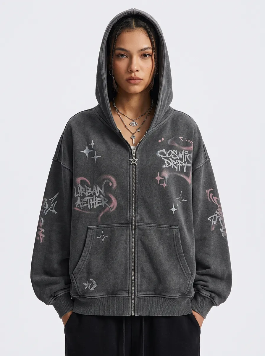 Women's Streetwear Cosmic Graffiti Star Printed Zip-up Hoodie