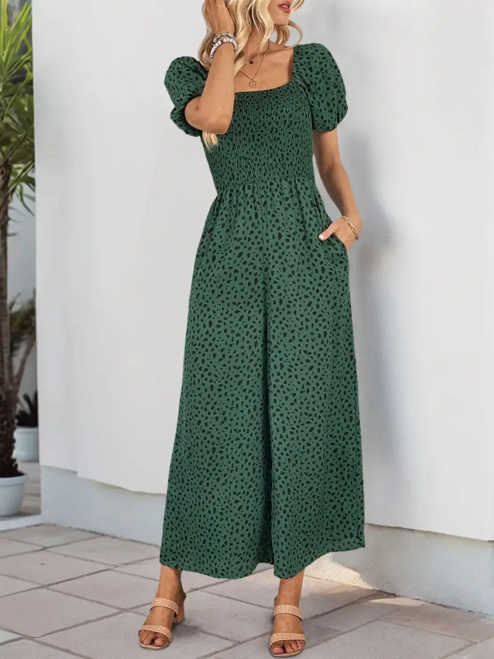 Square Neck Puff Sleeve Jumpsuit Relaxed