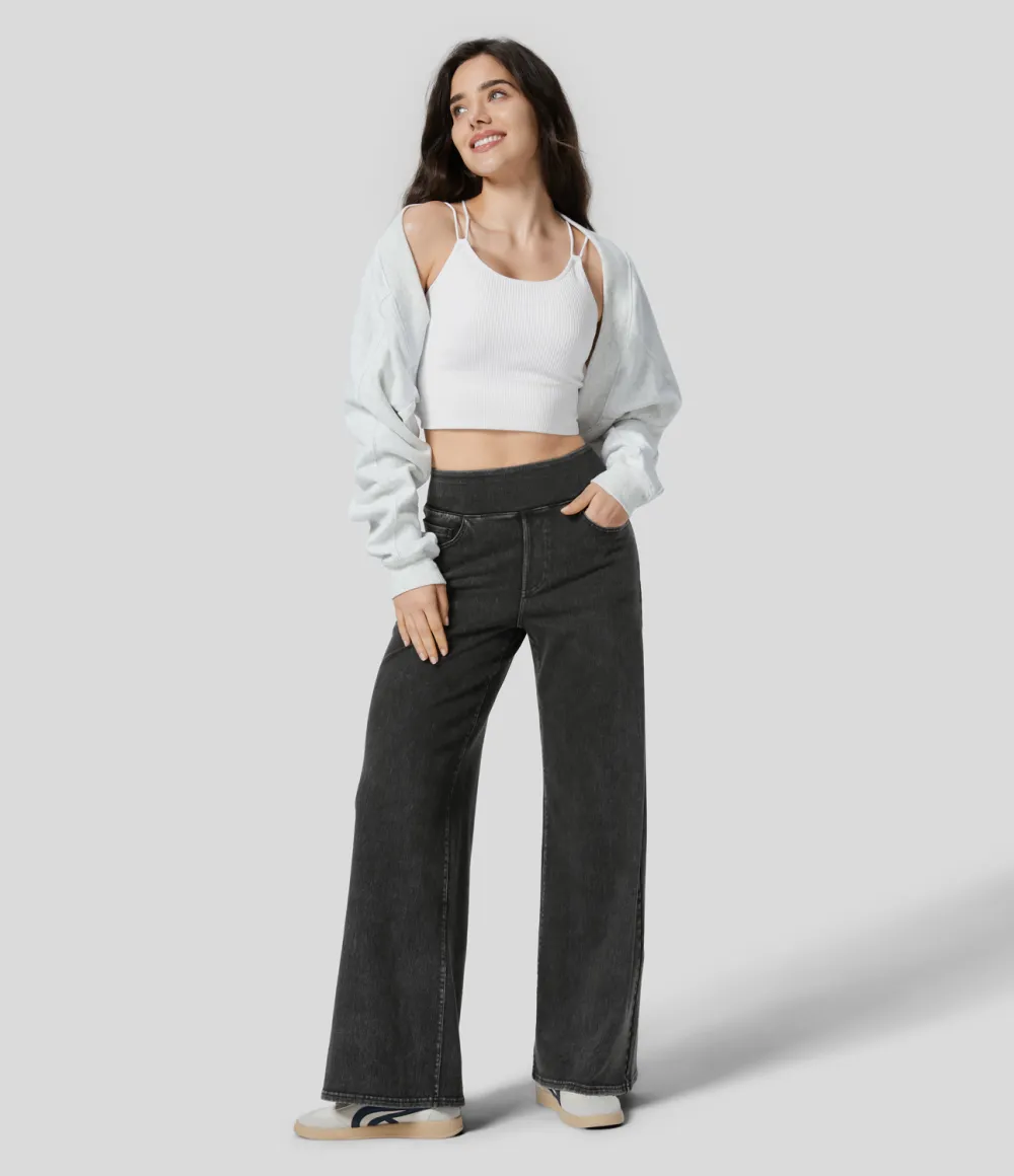 Magic High Waisted Multiple Pockets Wide Leg Stretchy Knit Casual Thermal Jeans