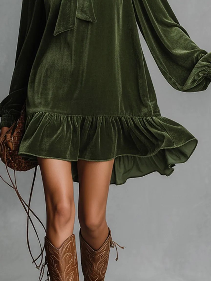 Tie Neck Loose Velvet Heyb Mini Dress
