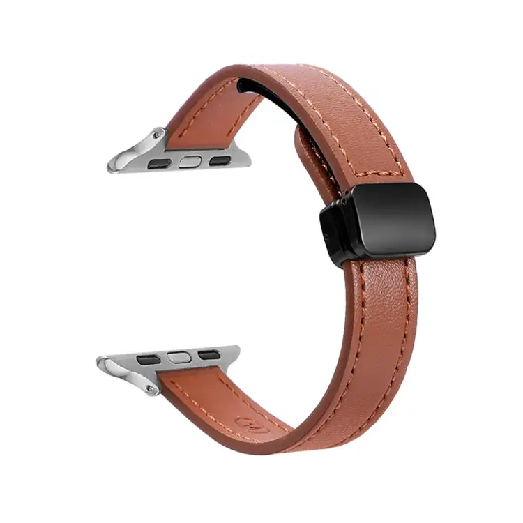 Slim Magnetic Buckle Genuine Leather Watch Band for Watch SE 40 mm - Plain Brown