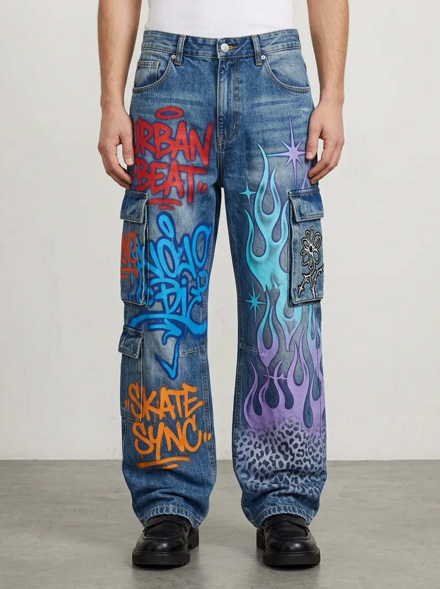 Men's Streetwear Graffiti Flame Graphic Cargo Jeans