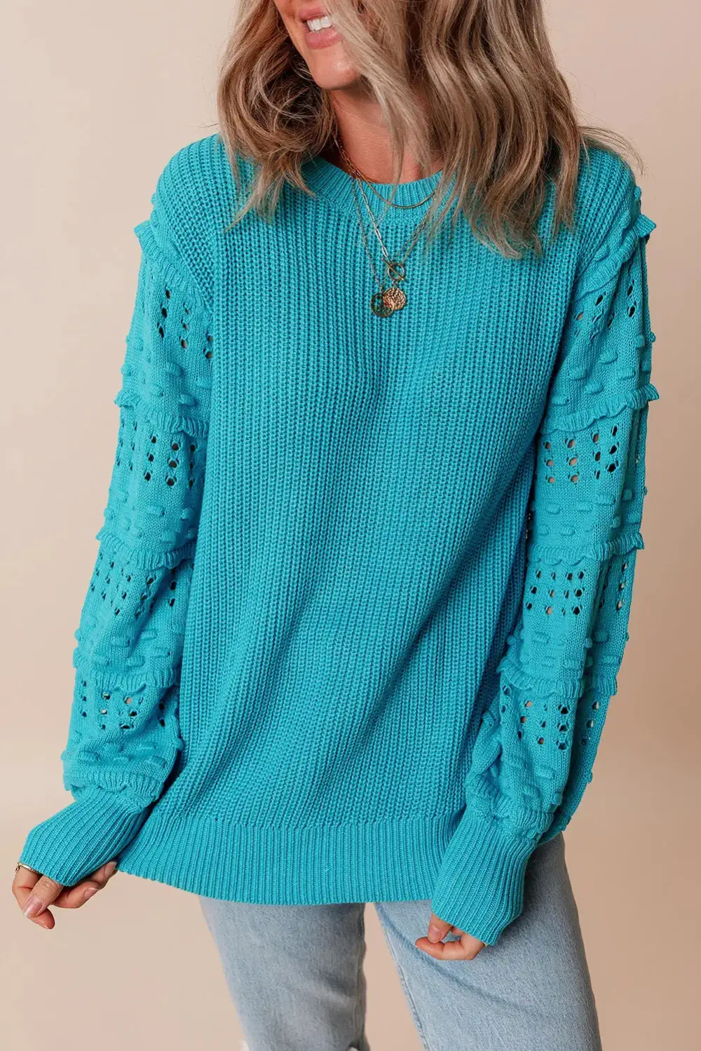 Modern Long Sleeve Round Neck Openwork Sweater