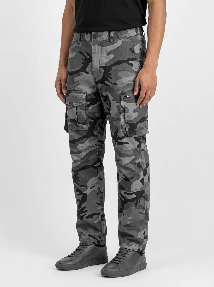 Men's Military Style Grey Camouflage Printed Cargo Pants
