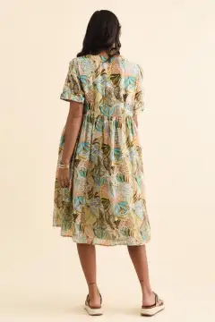 Below-Knee Abstract Cotton Button-Front Gathered Pocket Round-Neck Dress