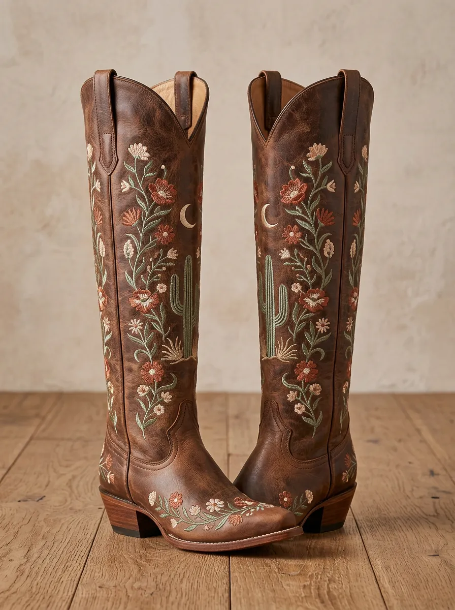 Men's Western Boho Cactus Floral Moon Embroidered Cowboy Boots