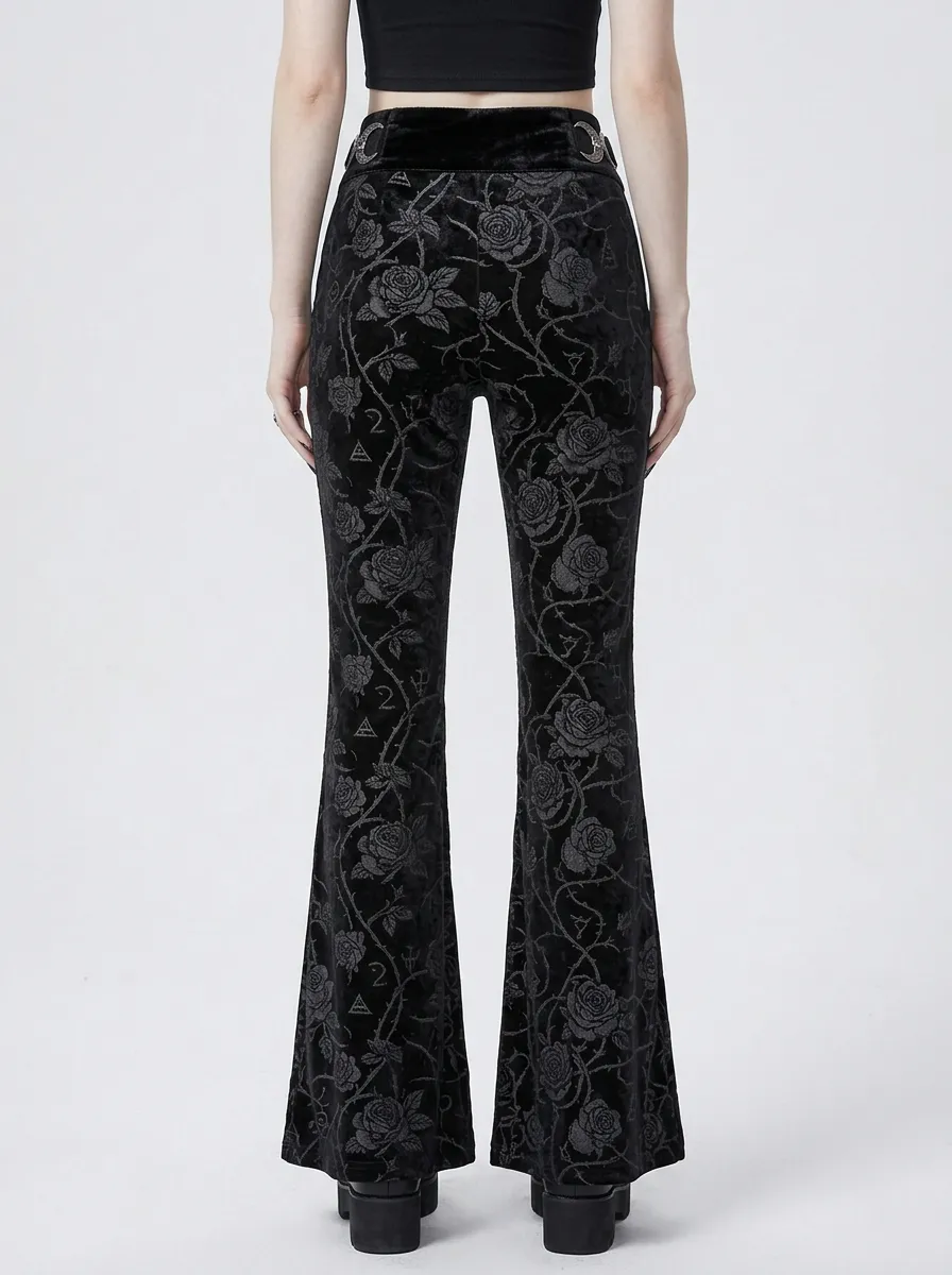 Alternative Skull Rose Velvet Finish Women's Gothic Flare Pants