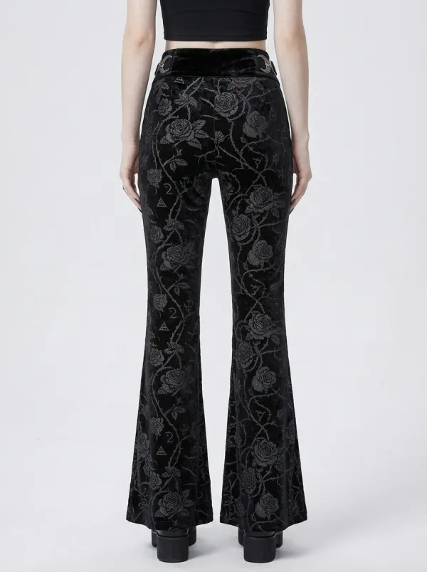 Alternative Skull Rose Velvet Finish Women's Gothic Flare Pants