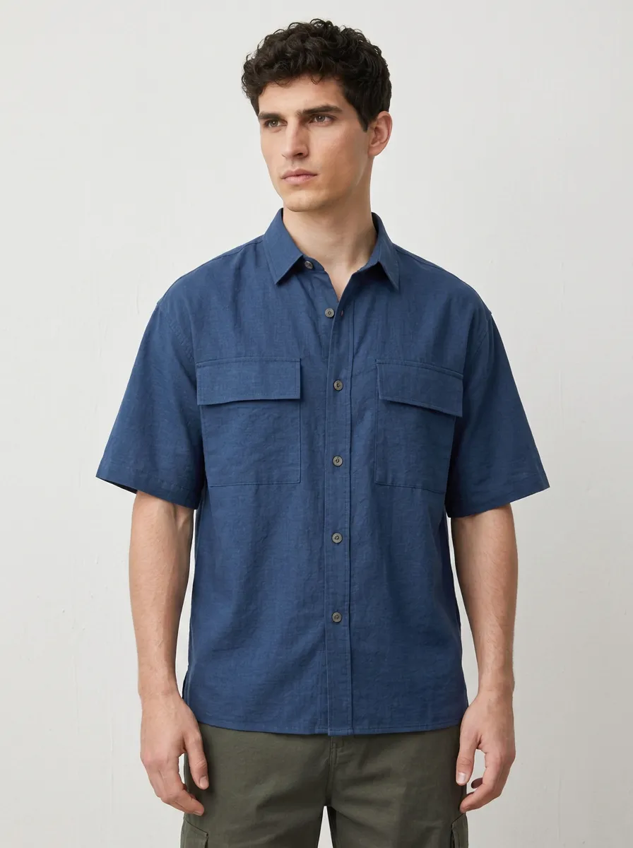 Men's Casual Summer Breathable Solid Blue Pocket Button-Down Shirt