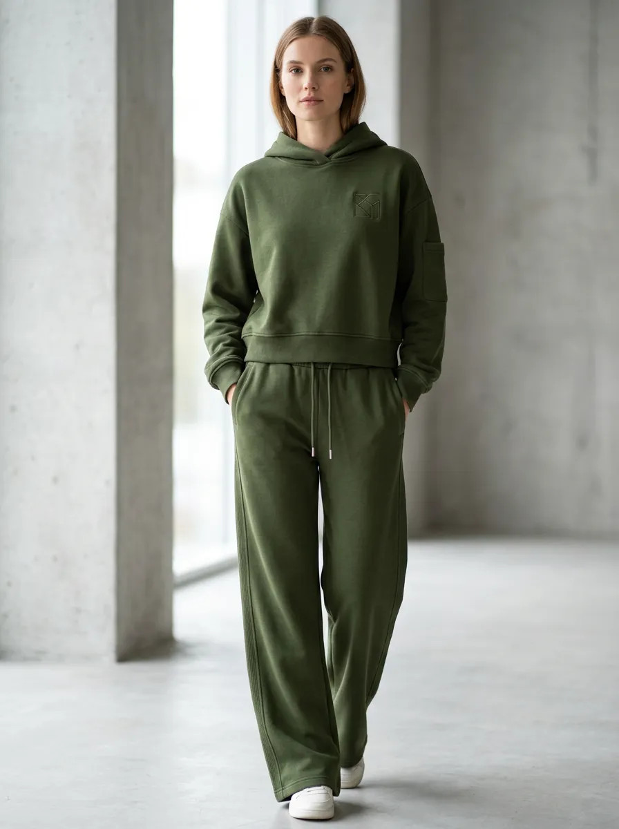 Women's Olive Green Embroidered Hoodie and Wide-Leg Sweatpants Set