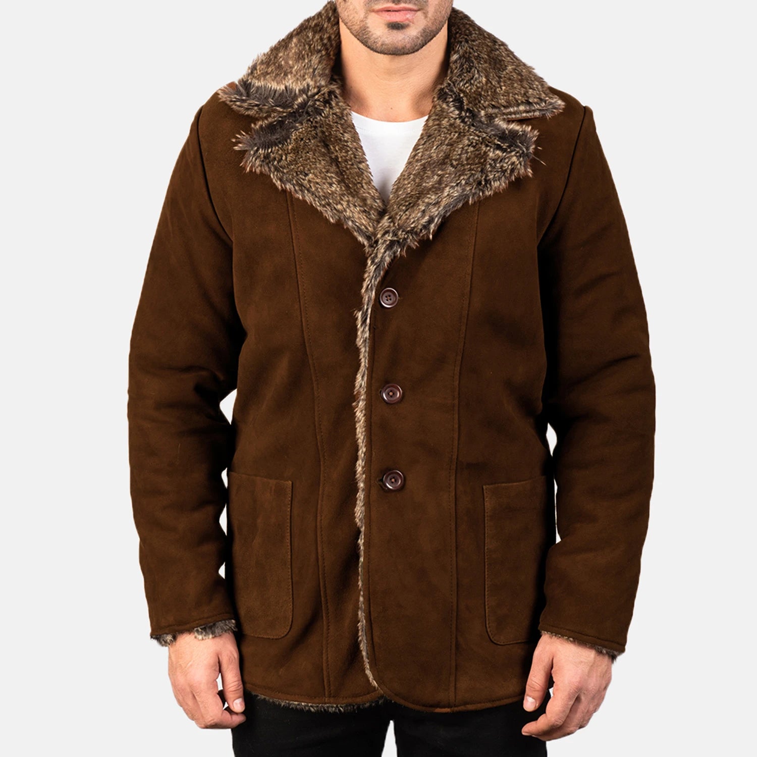 Men's Classic Suede Leather Fur Trim Coat