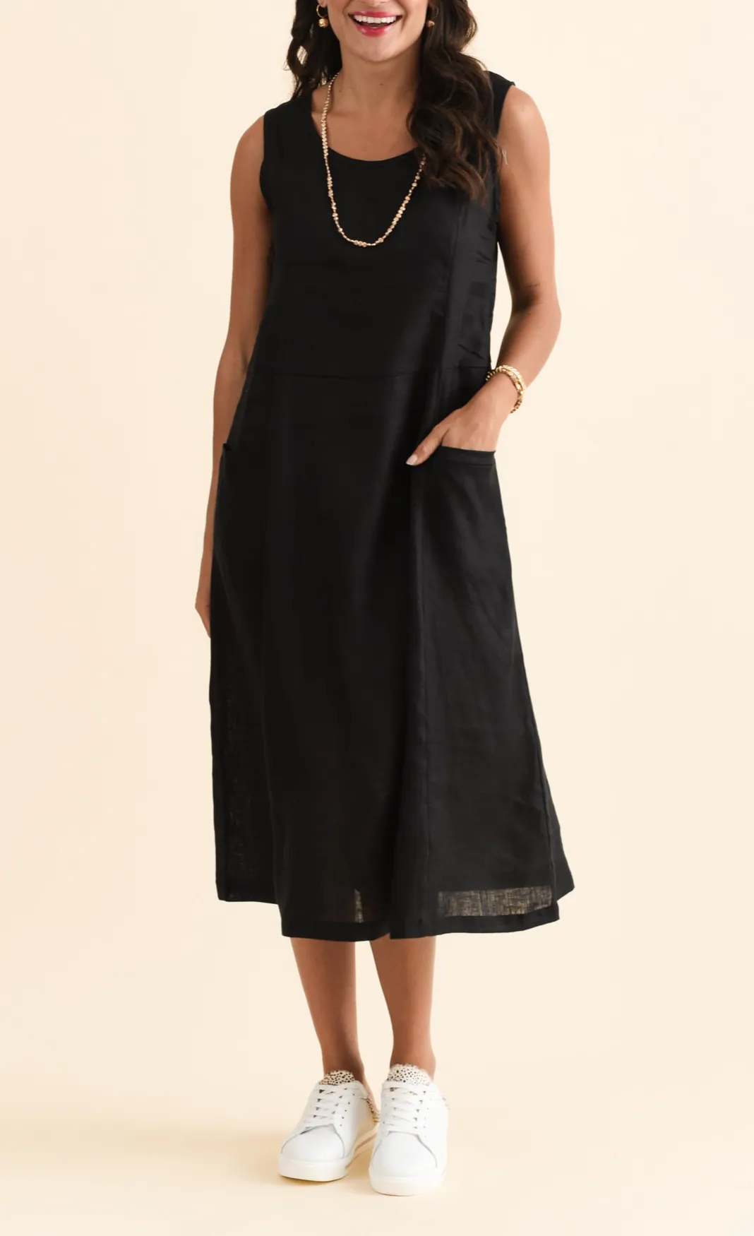Below-Knee Linen Pocket Round-Neck Sleeveless A-Line Relaxed Dress