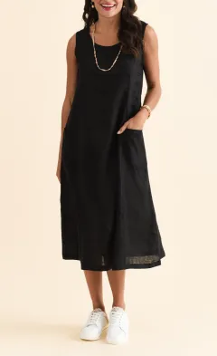 Below-Knee Linen Pocket Round-Neck Sleeveless A-Line Relaxed Dress