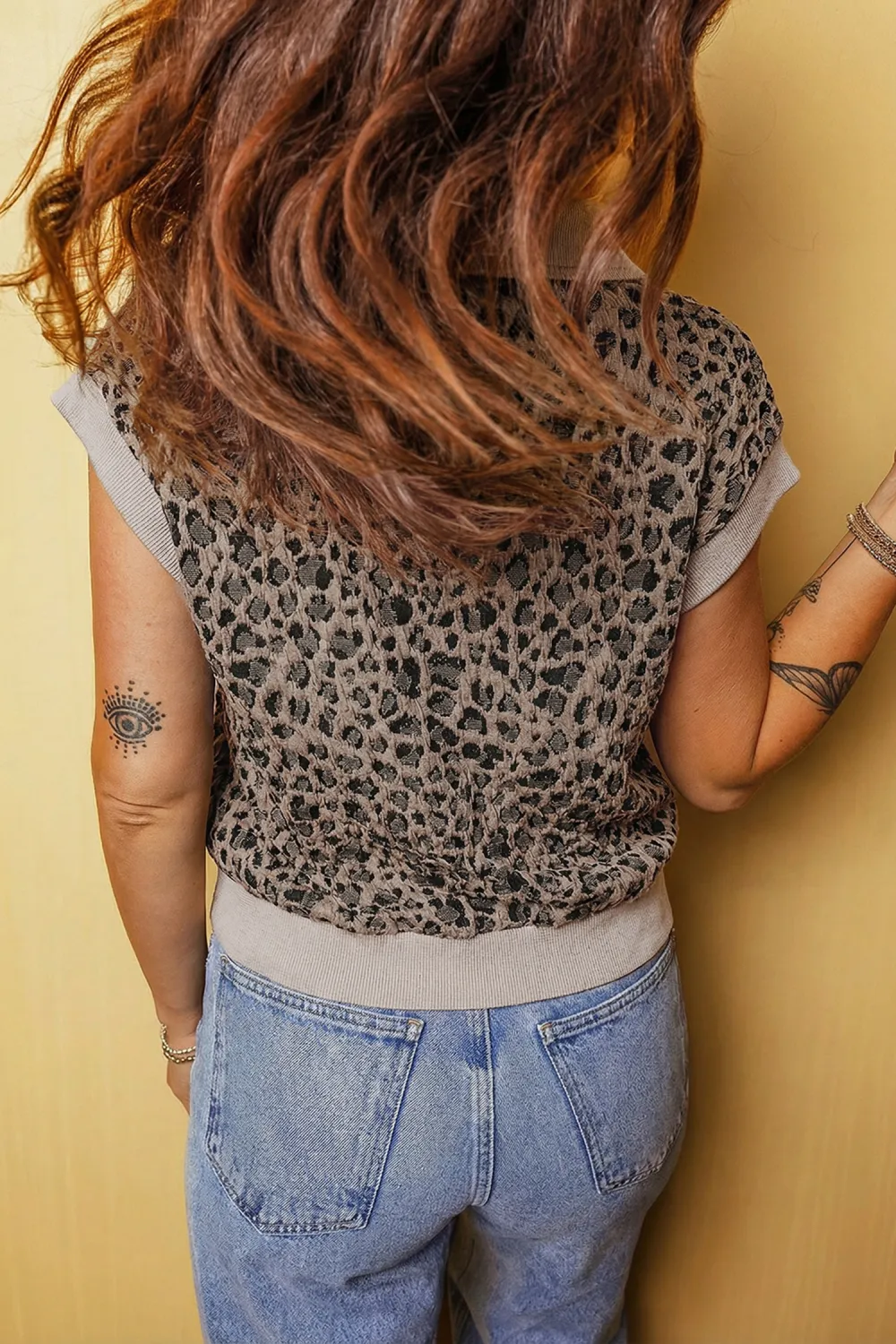 Beige Zip Up Collared Leopard Top