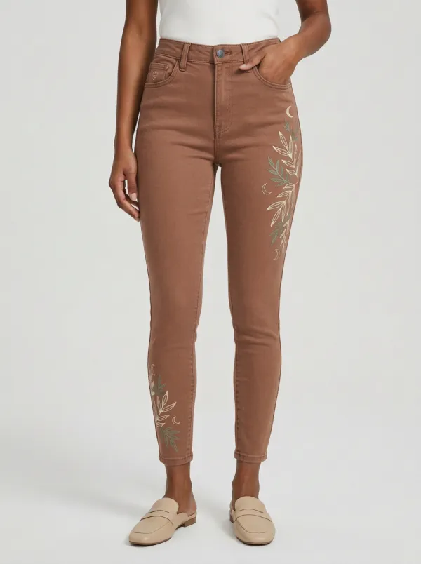Women's Celestial Botanical Moon Leaf Printed Slim Jeans