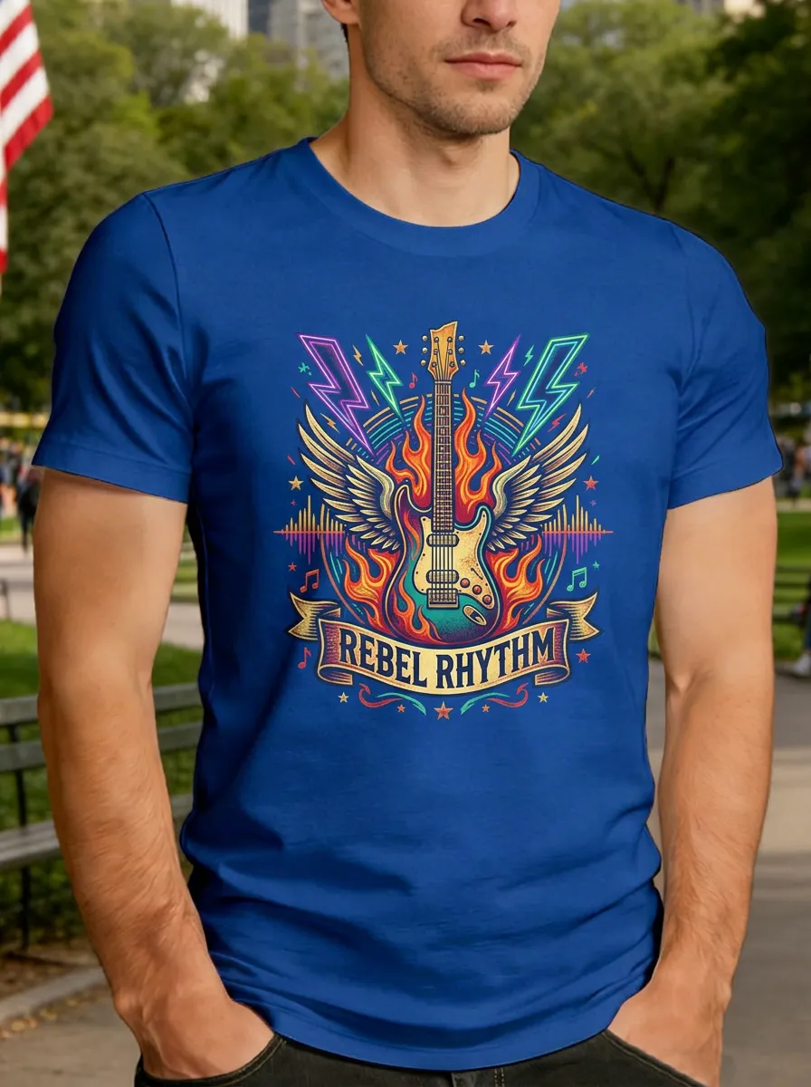 Men's Rock Music Lover Rebel Rhythm Winged Guitar Printed T-shirt